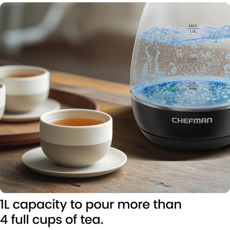 Chefman 1L Electric Glass Kettle W/ LED Indicator Light Automatic Shutoff - Black