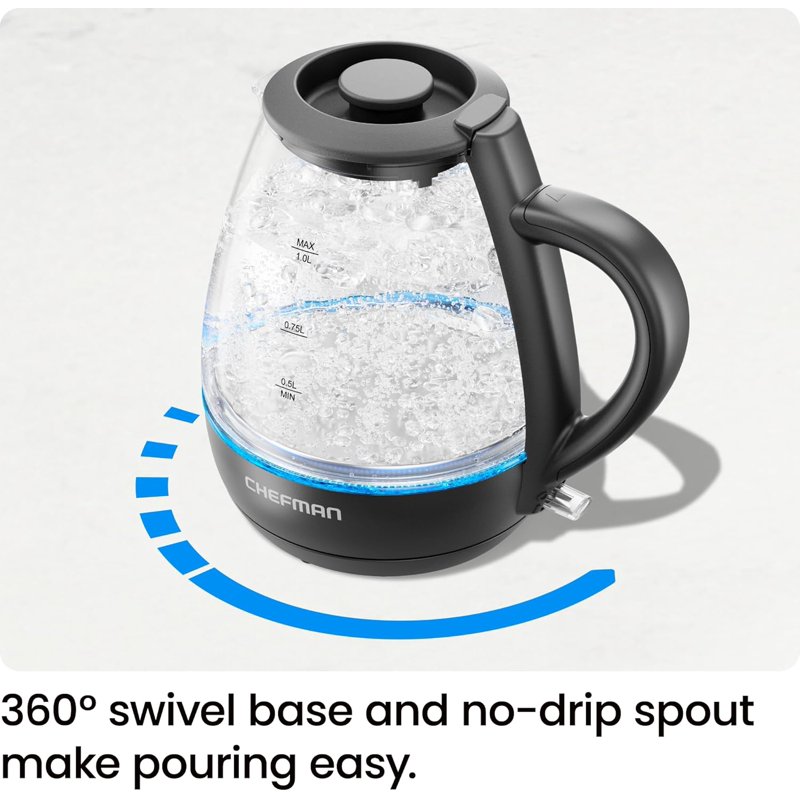 Chefman 1L Electric Glass Kettle W/ LED Indicator Light Automatic Shutoff - Black