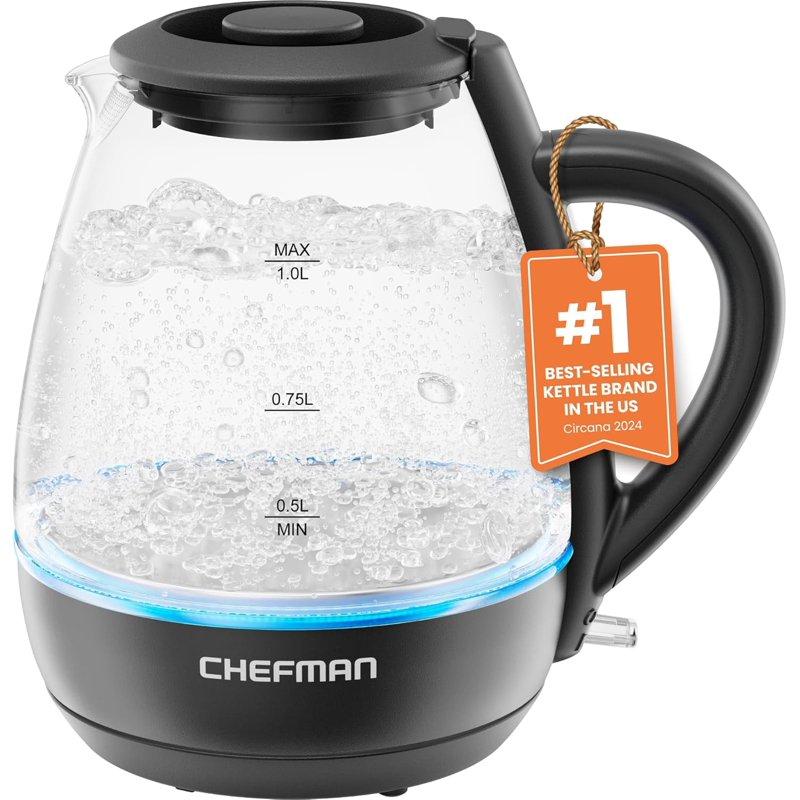 Chefman 1L Electric Glass Kettle w/ LED Indicator Light Automatic Shutoff - Black