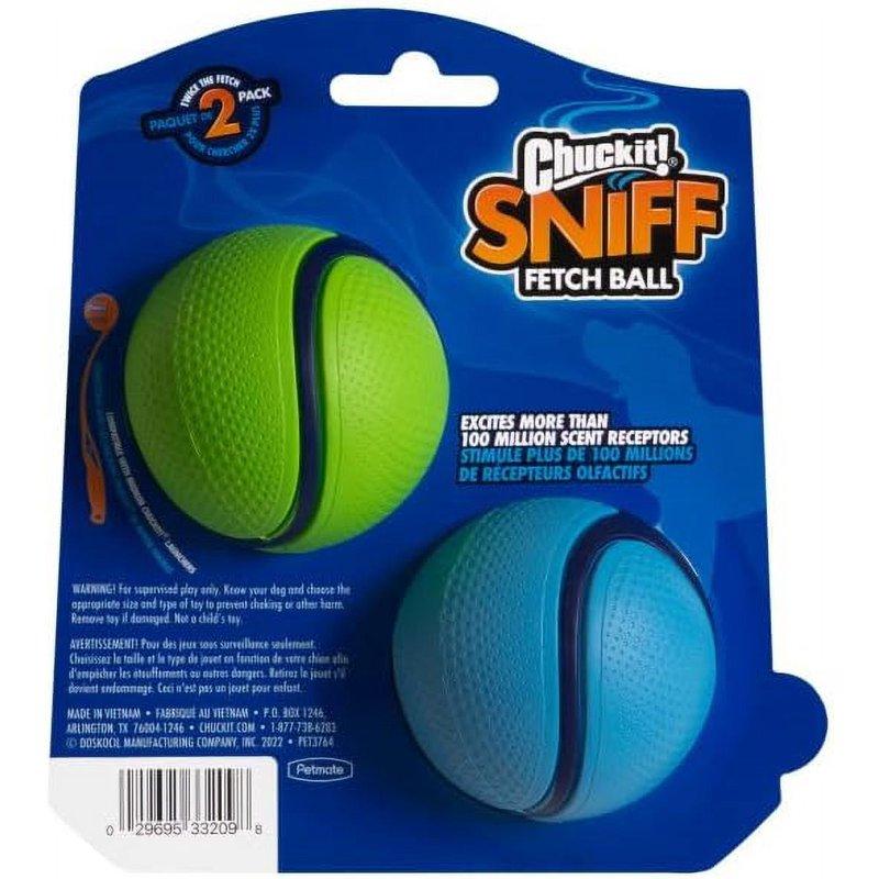 Chuckit Sniff Fetch Ball Durable High Bounce Rubber Dog Toy Peanut Butter & Bacon Scented Medium 2.5" For Dogs 20 To 60 Lb Blue Green & Blue Pack Of 2