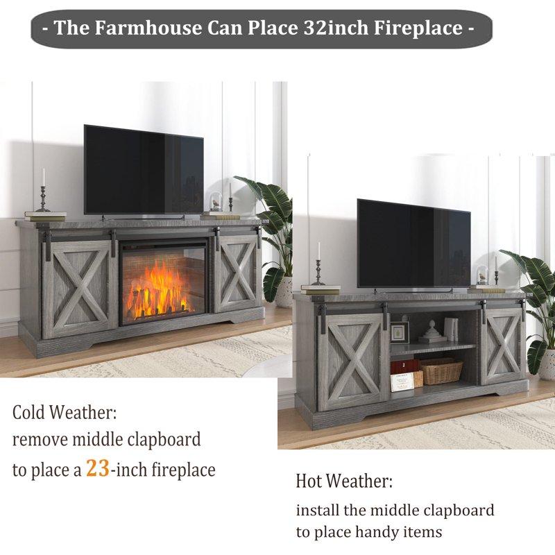 Chvans Farmhouse Barn Door TV Stand For Up To 65" TVs & 23" Electric Fireplace Entertainment Center Console Table With Adjustable Shevles