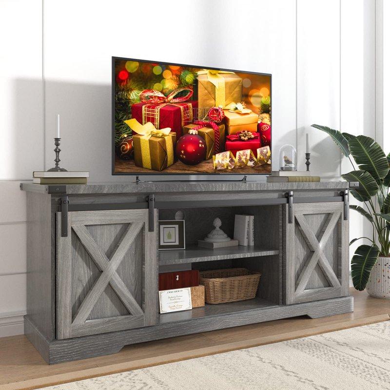 Chvans Farmhouse Barn Door TV Stand for up to 65" TVs & 23" Electric Fireplace Entertainment Center Console Table with Adjustable Shevles