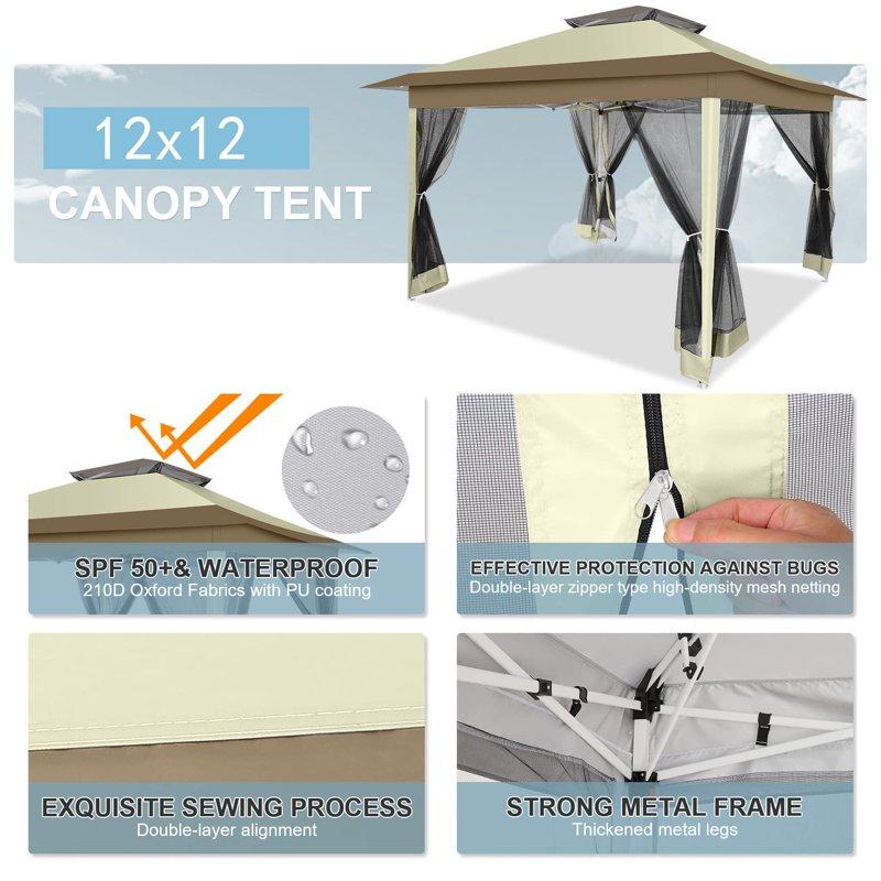 COBIZI 12x12 Outdoor Gazebo Pop Up Gazebo Canopy With Mosquito Netting Patio Tent Backyard Canopy With 2-Tiered Vented Top 3 Adjustable Height Beige
