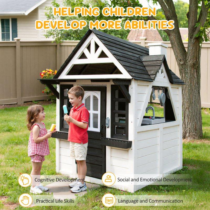 COCLUB Outdoor Playhouse For Kids Ages 4-8 Wooden Play House With Doorbell Phone Kitchen Toys Outdoor Kids Play Equipment Casa Para Niñas (45”L X 65”H) White & Black