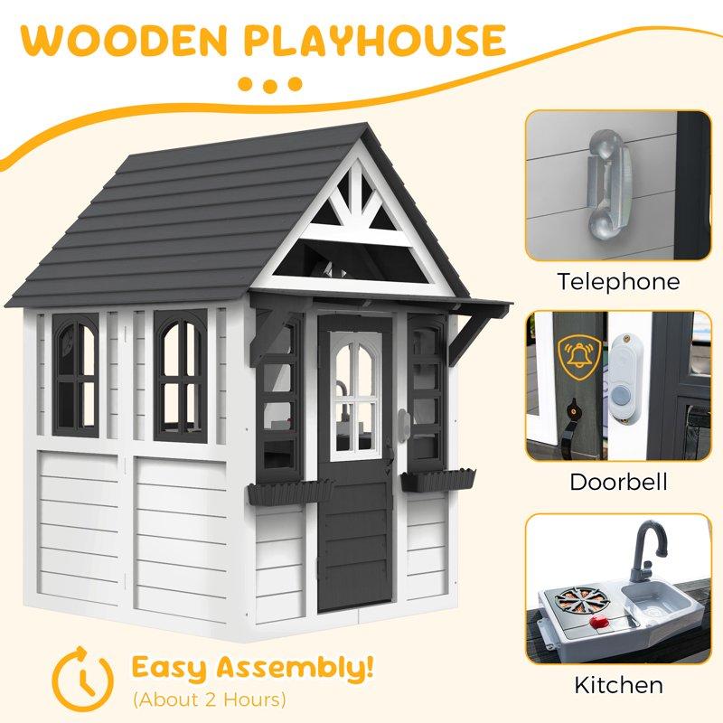 COCLUB Outdoor Playhouse For Kids Ages 4-8 Wooden Play House With Doorbell Phone Kitchen Toys Outdoor Kids Play Equipment Casa Para Niñas (45”L X 65”H) White & Black