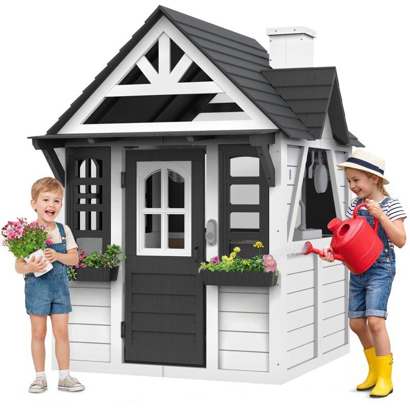 COCLUB Outdoor Playhouse for Kids Ages 4-8 Wooden Play House with Doorbell Phone Kitchen Toys Outdoor Kids Play Equipment Casa Para Niñas (45”L x 65”H) White & Black