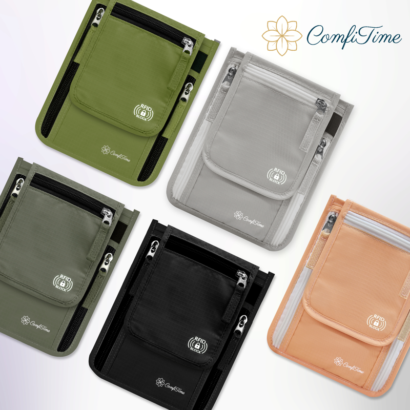 ComfiTime Passport Holder Neck Wallet - RFID Travel Wallet For Men Women & Family Anti Pickpocket Neck Crossbody Waist Pouch For Cruise Gym Hiking & Everyday Use Lightweight Hidden Money Belt