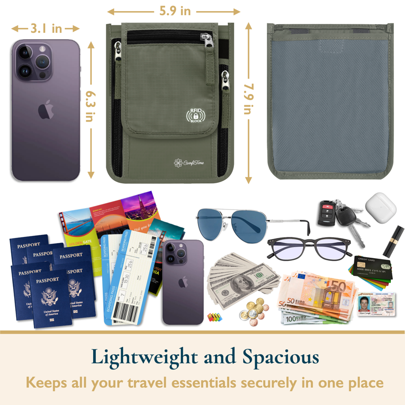 ComfiTime Passport Holder Neck Wallet - RFID Travel Wallet For Men Women & Family Anti Pickpocket Neck Crossbody Waist Pouch For Cruise Gym Hiking & Everyday Use Lightweight Hidden Money Belt