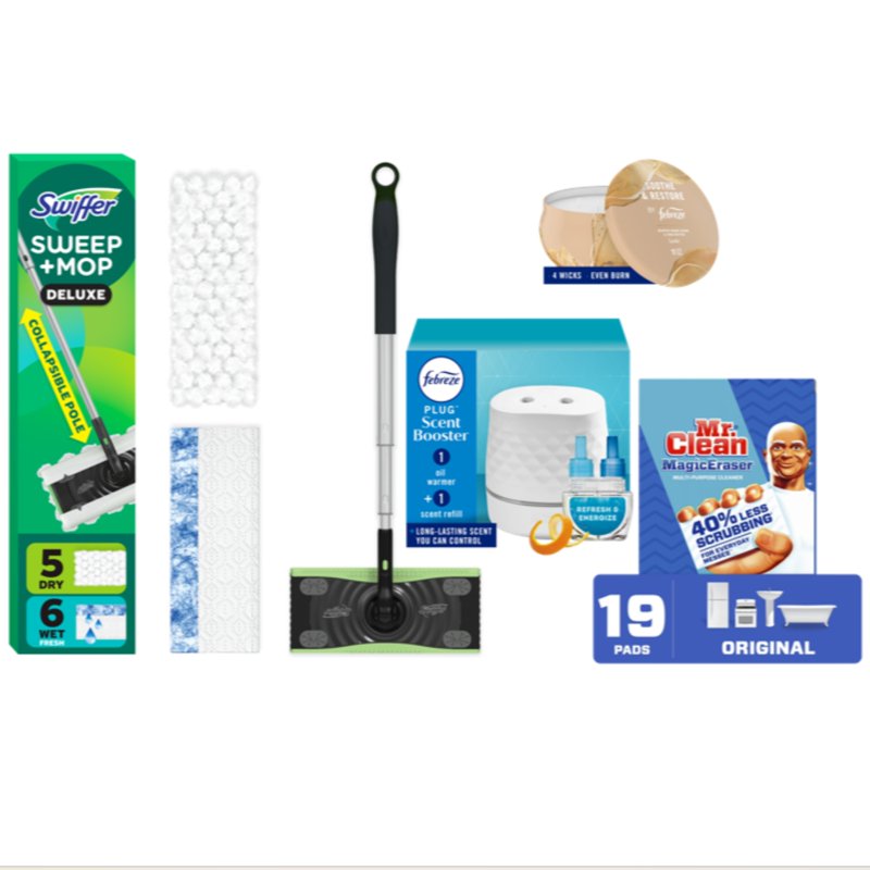 Complete Home Care Bundle: Mr. Clean Magic Eraser Pads Febreze Scented Candle (Soothe & Restore) Febreze PLUG Starter Kit & Swiffer Sweep and Mop Deluxe Kit