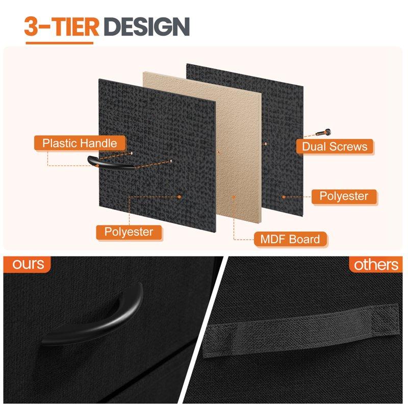 CONCETTA 2 Fabric Dresser 20 Inch Adjustable Nightstand Feet Bedside Table With Drawers For Bedroom Entryway Closet Black