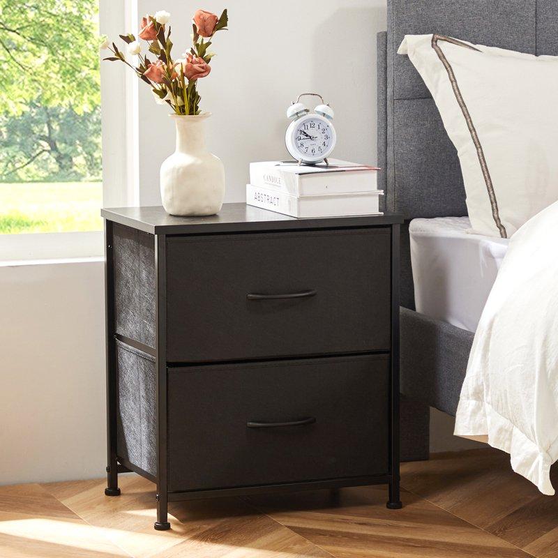 CONCETTA 2 Fabric Dresser 20 Inch Adjustable Nightstand Feet Bedside Table With Drawers For Bedroom Entryway Closet Black