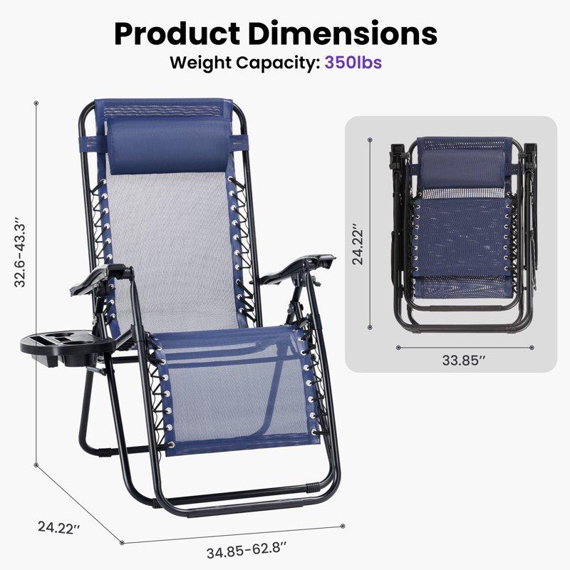 CONCETTA 2PCS Zero Gravity Patio Recliner Textilene Folding Lounge With Adjustable Pillow & Cup Tray Blue