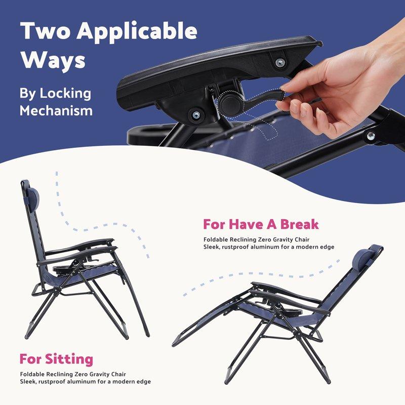 CONCETTA 2PCS Zero Gravity Patio Recliner Textilene Folding Lounge With Adjustable Pillow & Cup Tray Blue