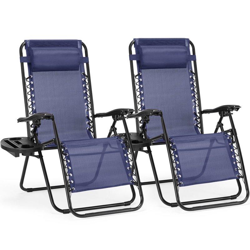 CONCETTA 2PCS Zero Gravity Patio Recliner Textilene Folding Lounge with Adjustable Pillow & Cup Tray Blue