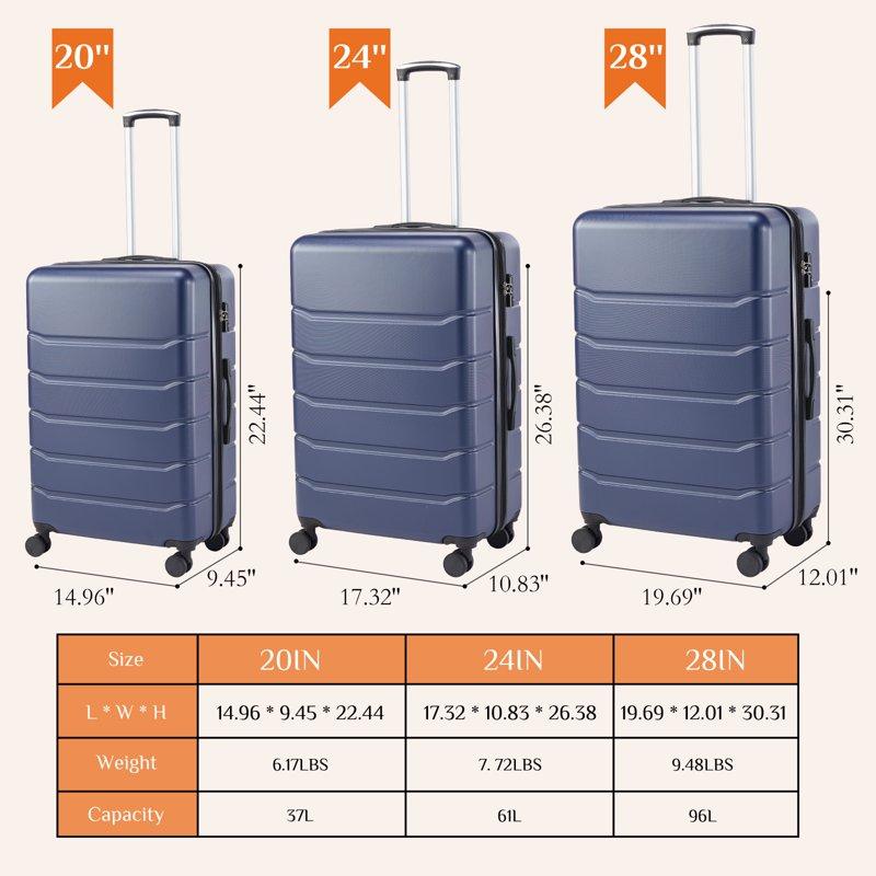 CONCETTA 3 Pcs ABS Hardside Luggage Sets Lightweight Expandable Hard Shell Rolling Suitcase TSA Lock Spinner Wheel Suit Cases Blue