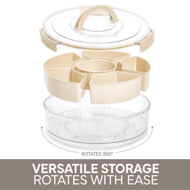 COOK WITH COLOR Round Snackle Box – 6-Compartment Serving Tray With Lid And Handle Cream – Kids Lunch Box & Meal Prep Snack Container