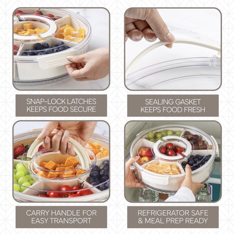 COOK WITH COLOR Round Snackle Box – 6-Compartment Serving Tray With Lid And Handle Cream – Kids Lunch Box & Meal Prep Snack Container