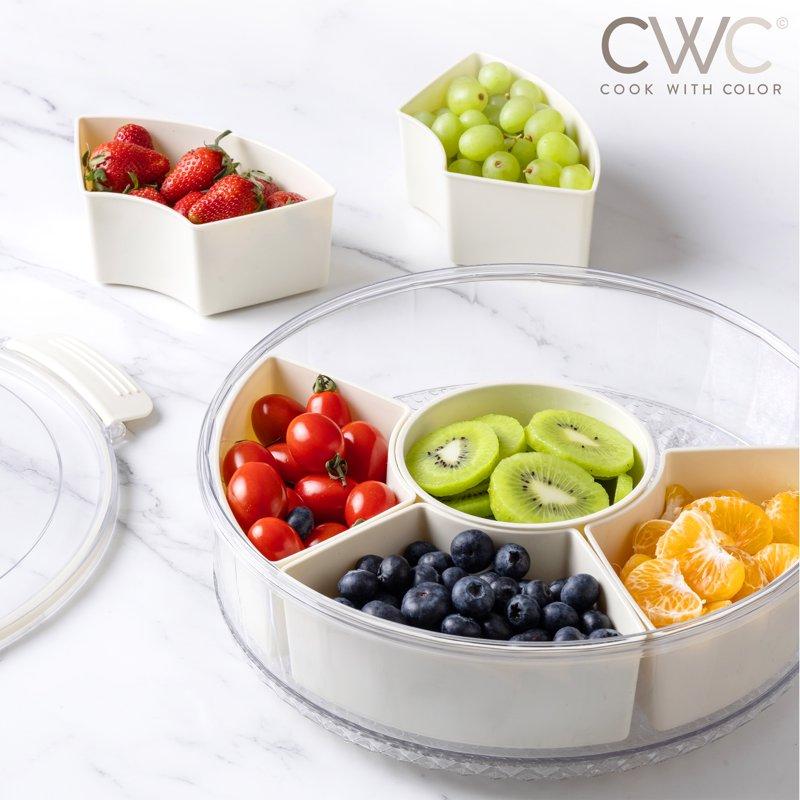 COOK WITH COLOR Round Snackle Box – 6-Compartment Serving Tray With Lid And Handle Cream – Kids Lunch Box & Meal Prep Snack Container