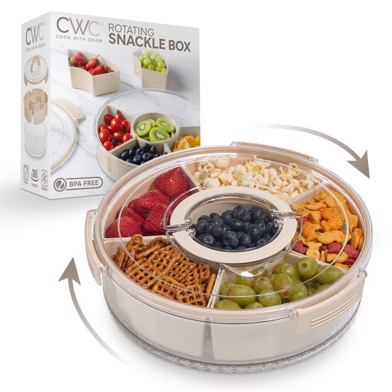 COOK WITH COLOR Round Snackle Box – 6-Compartment Serving Tray with Lid and Handle Cream – Kids Lunch Box & Meal Prep Snack Container