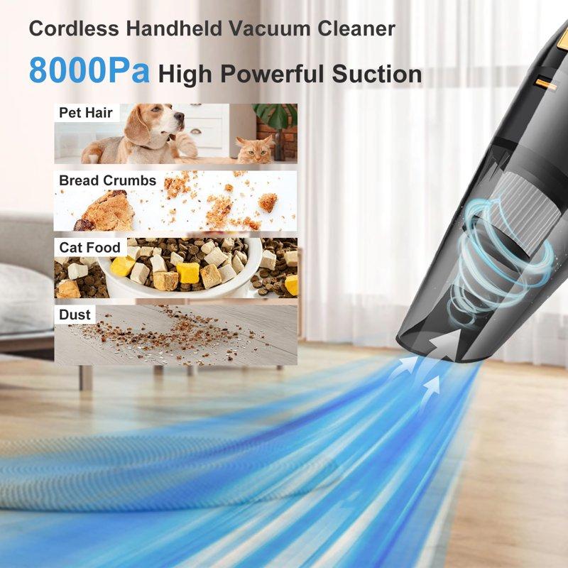 Cordless Handheld Car Vacuum Portable Vacuum Cleaner 8KPA Powerful Suction For Car And Pet Hair
