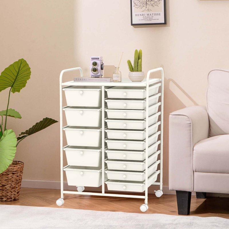Costway 15 Drawer Rolling Storage Cart Tools Scrapbook Paper Office School Organizer White