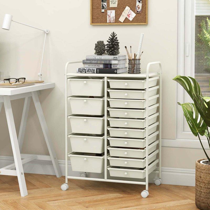 Costway 15 Drawer Rolling Storage Cart Tools Scrapbook Paper Office School Organizer White
