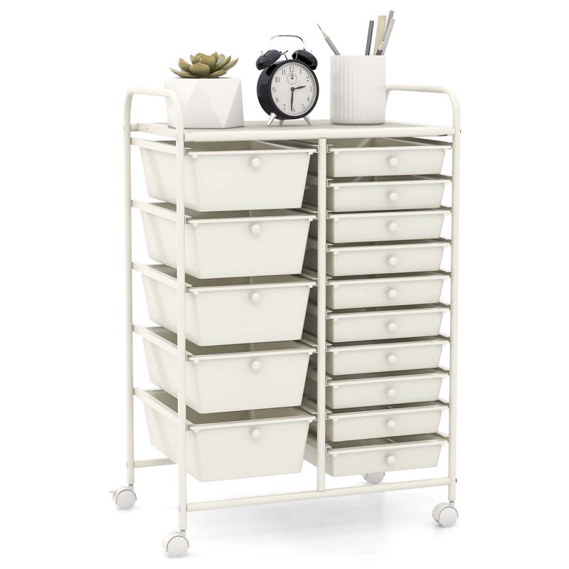 Costway 15 Drawer Rolling Storage Cart Tools Scrapbook Paper Office School Organizer White