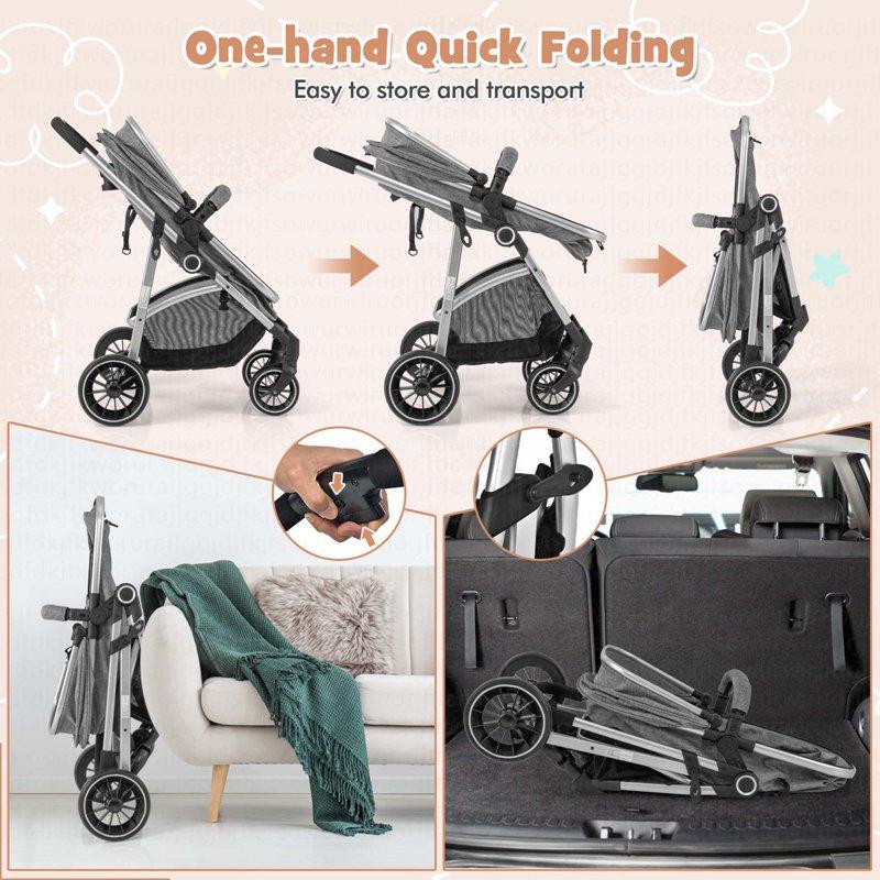 Costway 2 In 1 Convertible Baby Stroller High Landscape Infant Stroller Grey
