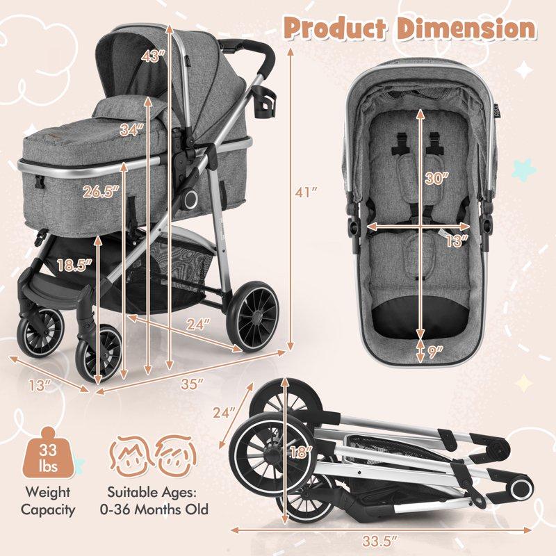 Costway 2 In 1 Convertible Baby Stroller High Landscape Infant Stroller Grey