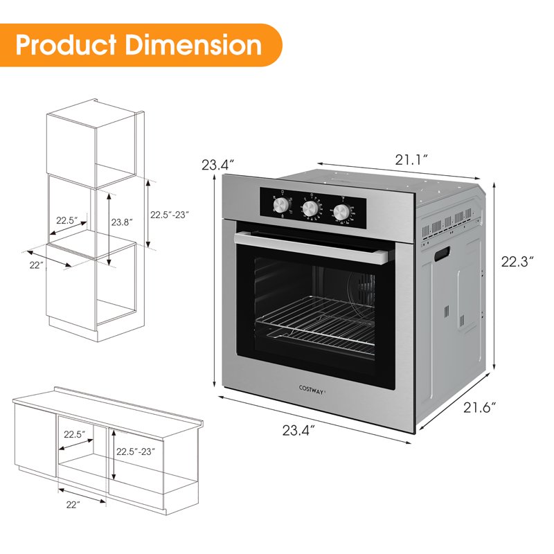 Costway 24'' Single Wall Oven 2.47Cu.ft Built-in Electric Oven 2300W W/ 5 Cooking Modes