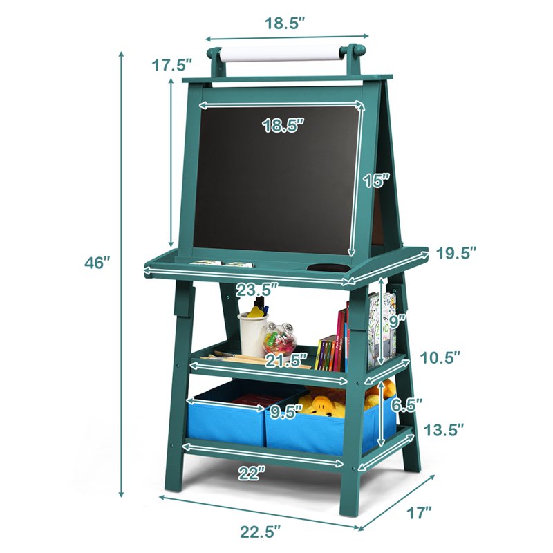 Costway 3 In 1 Double-Sided Wooden Kid's Art Easel Whiteboard Blue