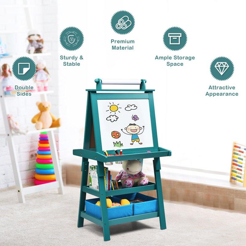 Costway 3 In 1 Double-Sided Wooden Kid's Art Easel Whiteboard Blue