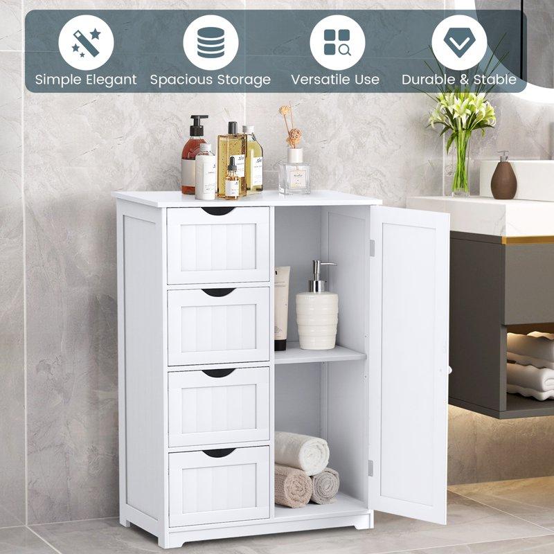 Costway Bathroom Storage Wooden 4 Drawer Cabinet Cupboard 2 Shelves Free Standing White