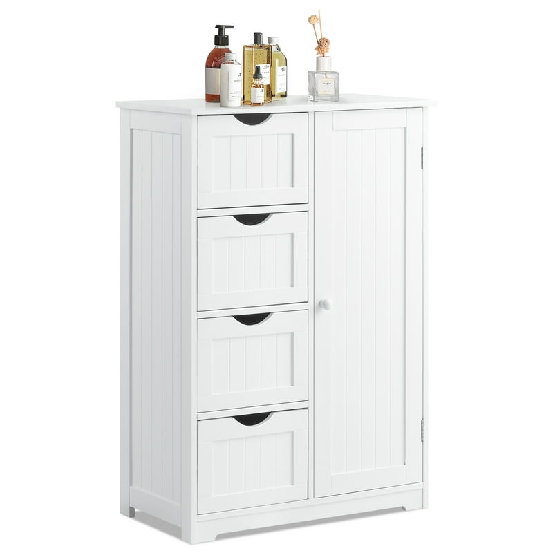 Costway Bathroom Storage Wooden 4 Drawer Cabinet Cupboard 2 Shelves Free Standing White