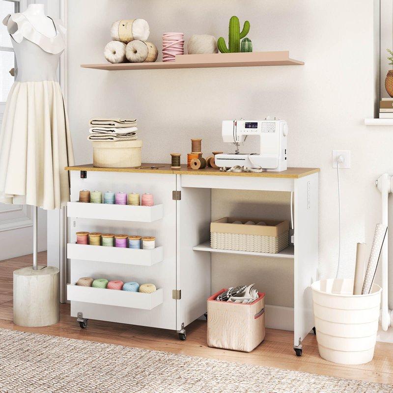 Costway Folding Sewing Table Rolling Craft Station With 3 Storage Bins & Charging Station White+natural
