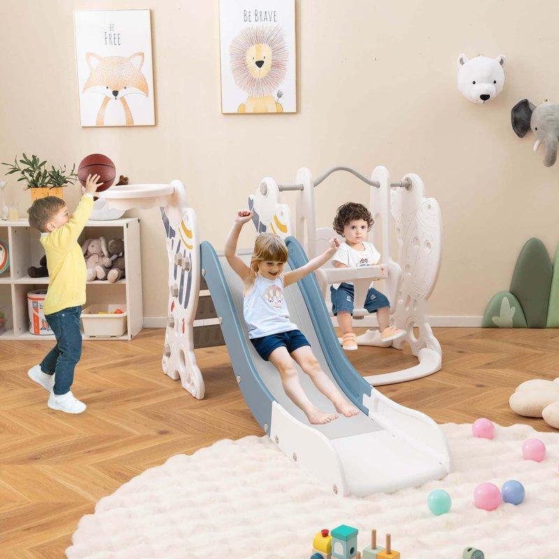 Costway Toddler Slide And Swing Set 4-in-1 Indoor Playground With Extended Slide & Swing Blue