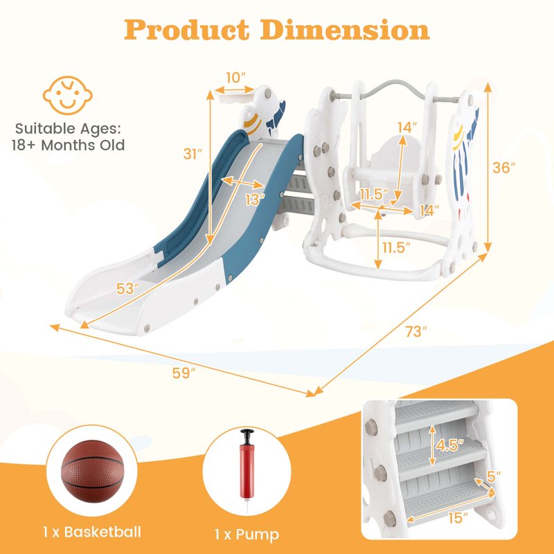 Costway Toddler Slide And Swing Set 4-in-1 Indoor Playground With Extended Slide & Swing Blue