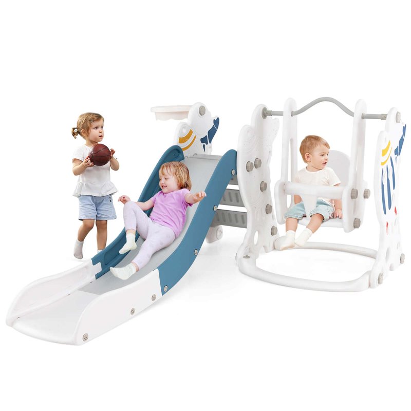 Costway Toddler Slide and Swing Set 4-in-1 Indoor Playground with Extended Slide & Swing Blue