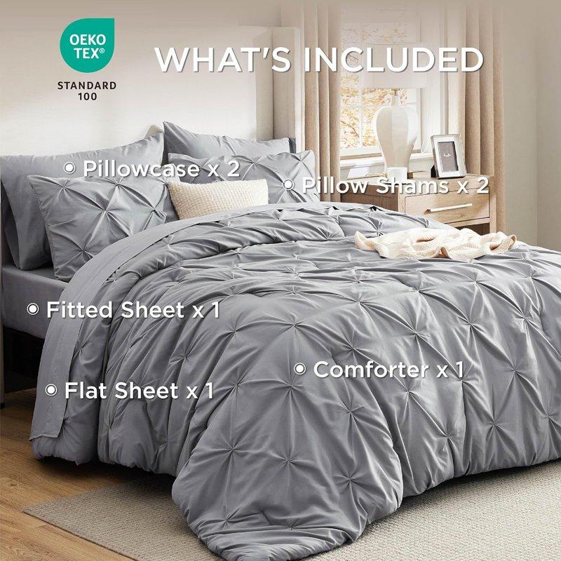 Cozy Comfort Queen Comforter Set - 7 Pieces Grey Comforters Pintuck Bedding Sets For All Season Bed In A Bag With Flat Sheet And Fitted Sheet Pillowcases & Shams
