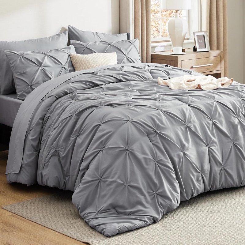 Cozy Comfort Queen Comforter Set - 7 Pieces Grey Comforters Pintuck Bedding Sets for All Season Bed in a Bag with Flat Sheet and Fitted Sheet Pillowcases & Shams
