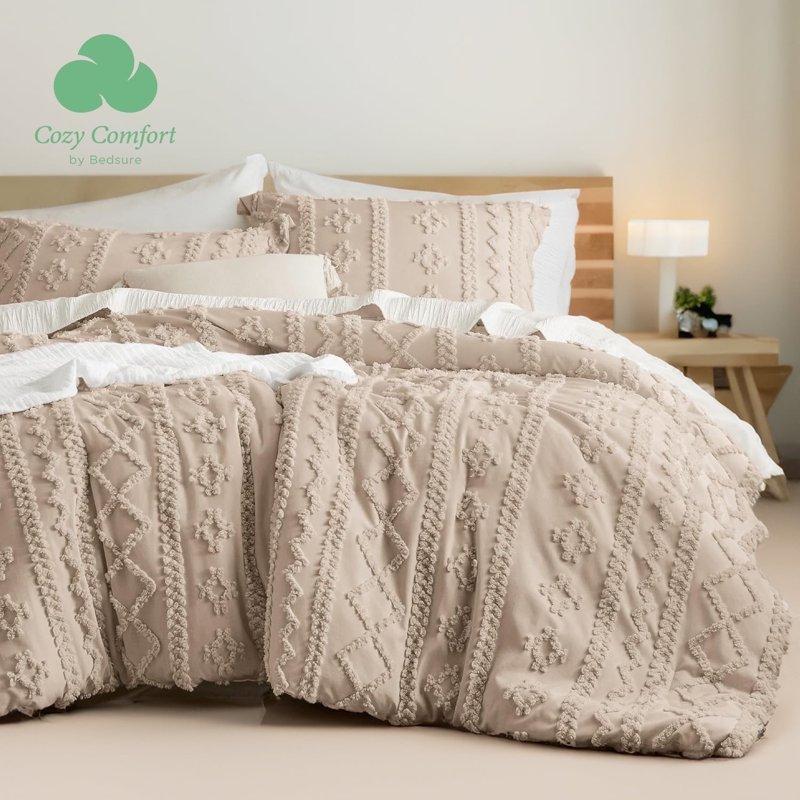 Cozy Comfort Tufted Boho Comforter Set 2 Pieces Farmhouse Shabby Chic Embroidery Bed Set Soft Jacquard Comforter for All Seasons Twin Khaki