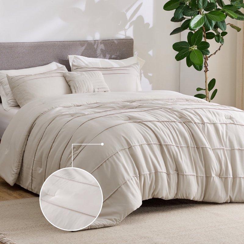 Cozy Comfort Twin Comforter Set 3 Pieces Soft Pinch Pleat Beige Bedding Set for All Season