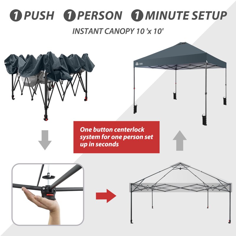 CROWN SHADES 10x10 Pop Up Canopy Patented Center Lock One Push Instant Outdoor Canopy Tent Grey