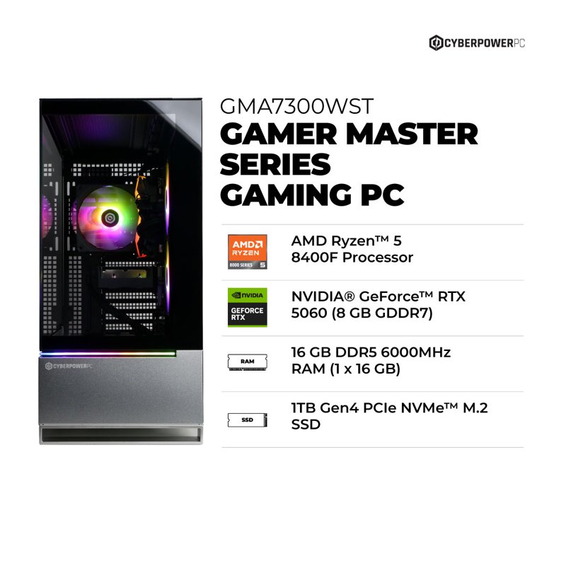 CyberPowerPC Gamer Master Gaming Desktop AMD Ryzen 5 8400F NVIDIA GeForce RTX 5060 8GB 16GB DDR5 1TB SSD Black GMA7300WST