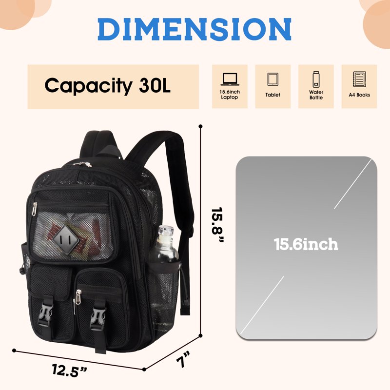 Dakimoe Mesh Backpack School Backpacks Large Capacity See Through Bookbag Stadium Approved With Multiple Compartments Pockets For School(Black)
