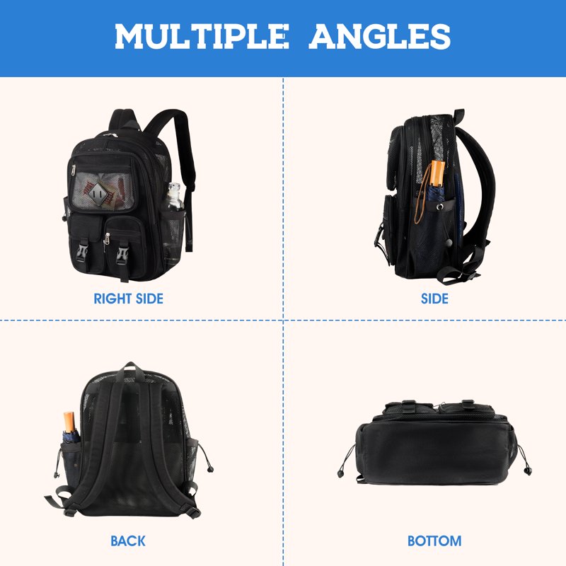 Dakimoe Mesh Backpack School Backpacks Large Capacity See Through Bookbag Stadium Approved With Multiple Compartments Pockets For School(Black)