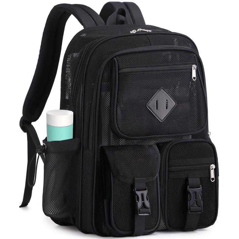 Dakimoe Mesh Backpack School Backpacks Large Capacity See Through Bookbag Stadium Approved with Multiple Compartments Pockets for School(Black)
