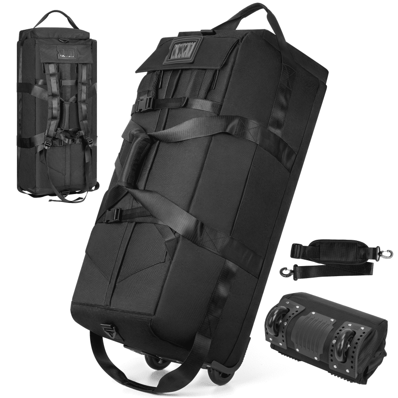 DAKOMM 90L Foldable Rolling Duffel Bag With Wheels Extra Large 34 Inch Travel Duffel Bag With Shoulder Strap For Travel Camping Sports Waterproof Large Gym Bag Travel Backpack For Men Women Black