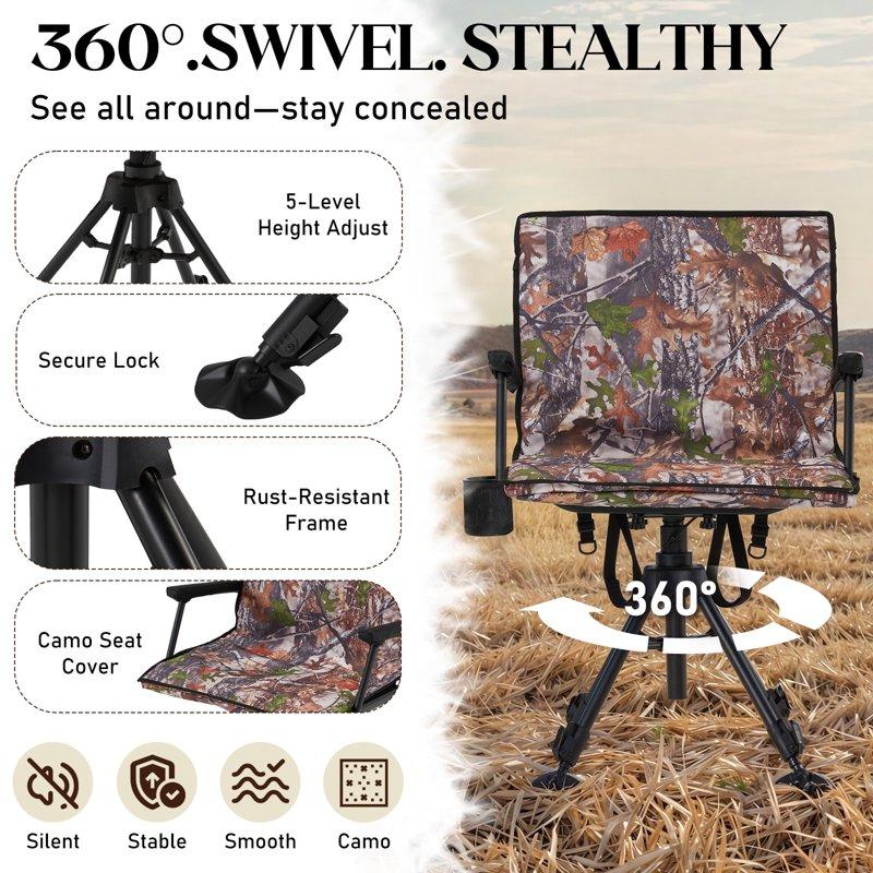Danrelax 360° Silent Camo Hunting Blind Chair Armrests Side Pouch Telescopic Legs