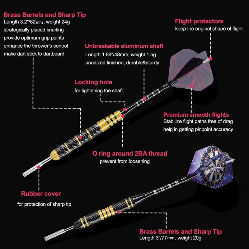 Darts Metal Tip Set 20 Grams And 24 Grams Steel Tip Darts Set Professional Metal Tipped Darts With Sharpener Tool Kit Aluminum Shafts Brass Barrels Carrying Case Extra Flights Dart Accessories